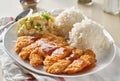 Chicken katsu hawaiian bbq plate with gravy and rice Royalty Free Stock Photo