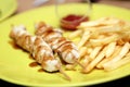 Chicken kebab with french fries and sause Royalty Free Stock Photo