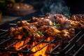 Chicken kebab is grilled on a barbecue on a black background. ound. Generative AI technology