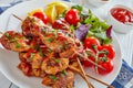 Chicken kebab grilled on skewers, top view Royalty Free Stock Photo