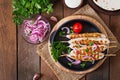 Chicken kebab with grilled vegetables. Top view Royalty Free Stock Photo