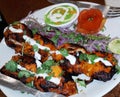 Chicken Kebab Served in a Plate with green chutney,tomato,corriander,onion,lemon Royalty Free Stock Photo