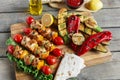 Chicken kebab skewer with grilled vegetables barbecue Royalty Free Stock Photo