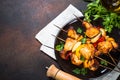 Chicken kebab with vegetables on skewers top view. Royalty Free Stock Photo