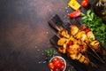 Chicken kebab with vegetables on skewers top view. Royalty Free Stock Photo