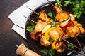 Chicken kebab  with vegetables on skewers top view. Royalty Free Stock Photo