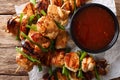 Chicken kebabs with green onions in a spicy sauce - Dakkochi close-up. Horizontal top view