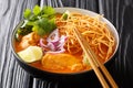 Chicken khao soi thai coconut curry noodle soup closeup in the bowl. Horizontal Royalty Free Stock Photo