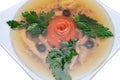 Chicken kholodets is decorated with parsley. Aspic jellied meat with vegetables, traditional food Royalty Free Stock Photo