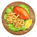 Chicken Kiev cutlets and french fries on wooden plate. Watercolor illustration Royalty Free Stock Photo