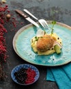 Chicken Kiev, Served on Plate. Fried meat cutlet with mashed potatoes and herbs. Top side view. Close-up shot. Soft Royalty Free Stock Photo