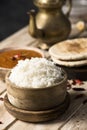 Chicken korma curry, rice and chapatti