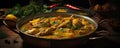 Chicken Korma on decorated food table. Indian cuisine meat with curry, coconut, milk,masala. wide banner Royalty Free Stock Photo