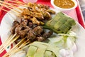 Chicken and Lamb Satay Skewers with Ketupat Rice Royalty Free Stock Photo