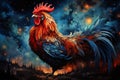 a chicken with a large red head and big blue tail on it\'s head