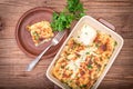 Chicken lasagna and white cheese . Royalty Free Stock Photo