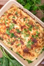Chicken lasagna and white cheese . Royalty Free Stock Photo