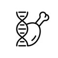 Chicken leg with DNA strand. Lab grown meat. Line art cultured poultry icon. Synthetic future food. Black simple illustration.