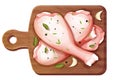 Chicken leg, raw drumstick top view on wooden round board with garlic and seasoning spices in cartoon style isolated on