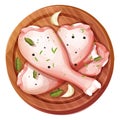 Chicken leg, raw drumstick top view on wooden round board with garlic and seasoning spices in cartoon style isolated on