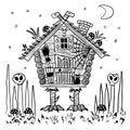 The chicken-legged hut is the home of Baba Yaga, a witch from Slavic folklore. Scary stories for Halloween. Hand drawn