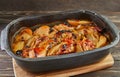 Chicken legs with honey, raisins, caramelized apples and pears in the oven-baked mold