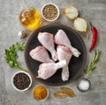 Chicken legs and various spices Royalty Free Stock Photo