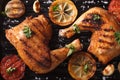 Chicken legs and vegetables on grill macro. Top view horizontal Royalty Free Stock Photo