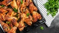 Chicken legs, wings grilled, fried on oven on baking tray. Oven baked chicken pieces. Restaurant menu, dieting, cookbook recipe Royalty Free Stock Photo