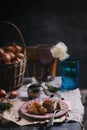 Chicken liver flan with chicken breast and demiglas sauce.selective focus