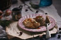 Chicken liver flan with chicken breast and demiglas sauce.selective focus