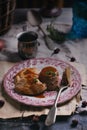 Chicken liver flan with chicken breast and demiglas sauce.selective focus