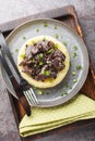 Chicken liver with onions stewed in honey wine sauce with garnish mashed potatoes close-up in a plate. Vertical top view Royalty Free Stock Photo