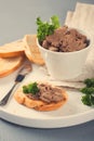 Chicken liver pate on bread and in bawl Royalty Free Stock Photo