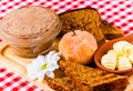 Chicken liver pate, toasted bread, butter and baked apple Royalty Free Stock Photo