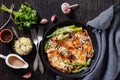 Chicken Madeira in frying pan, top view Royalty Free Stock Photo