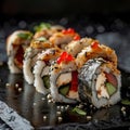 Chicken Maki Sushi Rolls, Tory Teriyaki Uramaki Roll Set with Rice, Cream Cheese, Chicken Fillet, Tomato Royalty Free Stock Photo