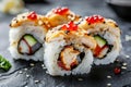 Chicken Maki Sushi Rolls, Tory Teriyaki Uramaki Roll Set with Rice, Cream Cheese, Chicken Fillet, Tomato Royalty Free Stock Photo