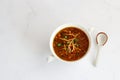 Chicken Manchow Soup on White Background Top Down Photo