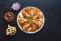 Chicken Mandi with dates. Arabic cuisine. Top view