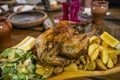 chicken meal in medieval tavern, Hungary