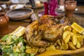 chicken meal in medieval tavern, Hungary