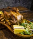 chicken meal in medieval tavern, Hungary