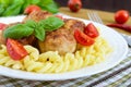 Chicken meat balls, pasta fusilli, tomatoes, basil on a white plate Royalty Free Stock Photo