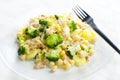 chicken meat with broccoli, chick peas and potatoes