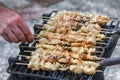 Chicken meat and champignon mushrooms skewers Royalty Free Stock Photo