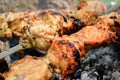 Chicken meat close-up on skewers over charcoal.