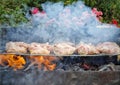 Chicken meat cooking on the grill. Smoke and fire