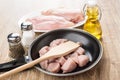 Chicken meat in frying pan, salt, pepper and vegetable oil Royalty Free Stock Photo
