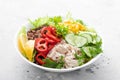 Chicken meat lunch bowl with fresh salad leaves, corn, cucumber, sweet pepper and quinoa Royalty Free Stock Photo